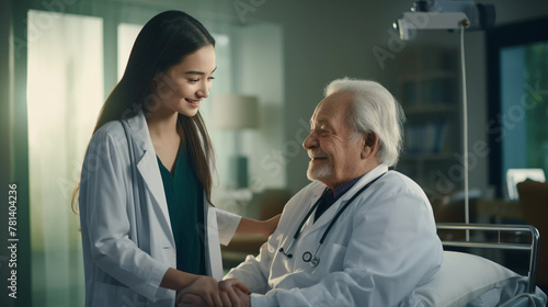 Old doctor meeting with junior student at the hospital, senior junior affection photo