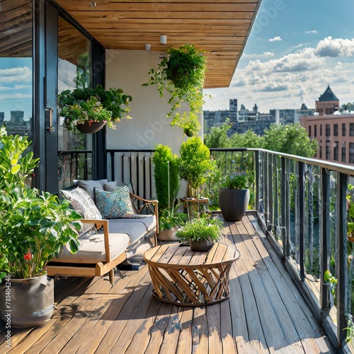 A sun-drenched balcony terrace with elegant wood deck flooring and a contemporary fence, enhanced by vibrant green potted flowers and lush foliage. The terrace boasts comfortable outdoor furniture arr photo