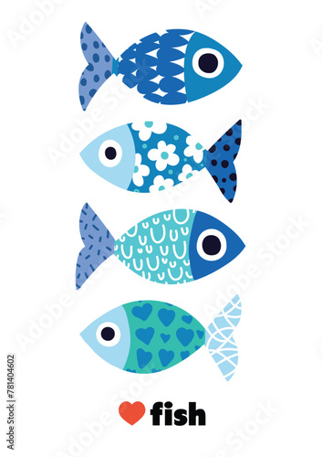 Cute retro colorful cartoon illustration with  fish on white background. Vector illustration set.