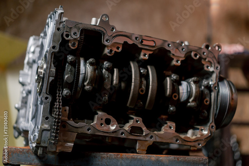 close up is assembled engine block on the table the mechanic opened the locking valve mechanism Motor capital repair