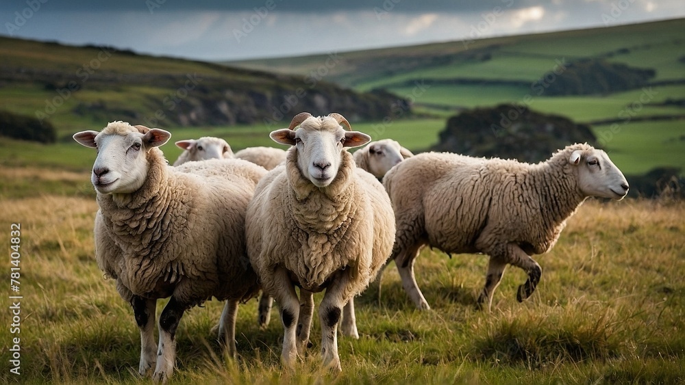 A herd of sheep standing on a grass field meadow. Beautiful wide lens pasture domestic animal lamb photography photo illustration concept. Ovis aries. A herd of sheep standing on a grass field meadow. Beautiful wide lens pasture domestic animal lamb photography photo illustration concept. Ovis aries.