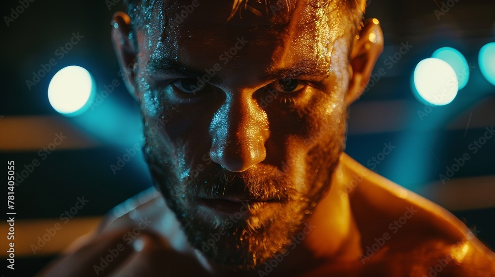 Close and realistic look at a boxer's readiness, under the glow of the ring lights, exuding confidence and domination in 4k - obrazy, fototapety, plakaty 