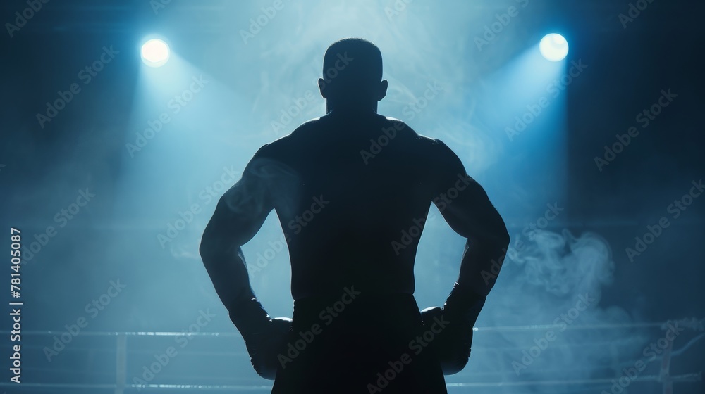 A boxer's silhouette stands ready in the spotlight, a symbol of power and preparation for victory, captured in vivid 4k - obrazy, fototapety, plakaty 