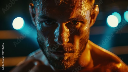 Close and realistic look at a boxer's readiness, under the glow of the ring lights, exuding confidence and domination in 4k photo