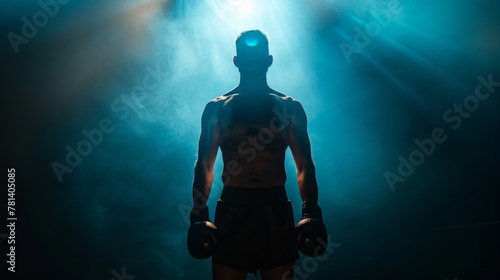 A boxer's silhouette stands ready in the spotlight, a symbol of power and preparation for victory, captured in vivid 4k © JP STUDIO LAB