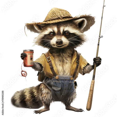 raccoon in a straw hat and suspenders, holding a can of worms and a fishing rod.