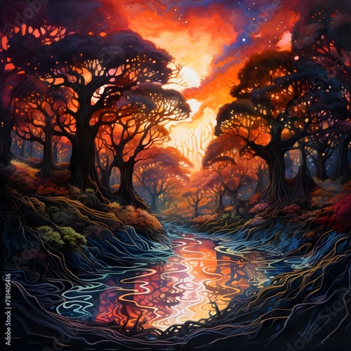 Elemental Entities Fire and Water Revered Bond in Primordial Forest Sunset Watercolor Portrait photo