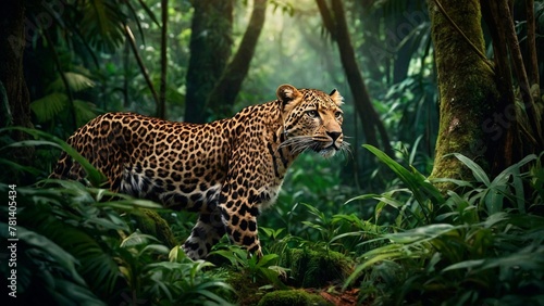 Portrait of a leopard walking through the jungle forest. Animal mammal wildcat photography illustration. Panthera pardus.