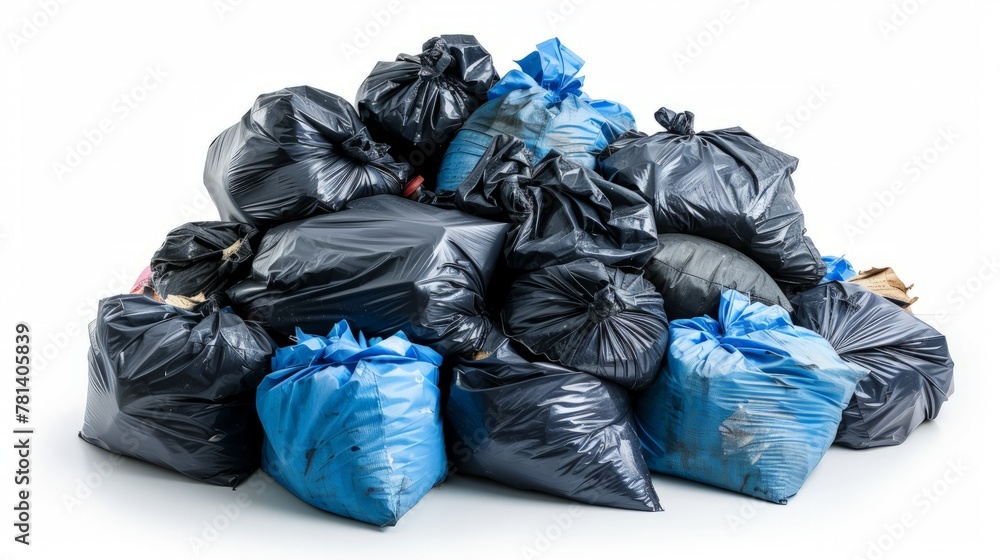 Big pile of garbage in black blue trash bags isolated on white background. Ecology concept. Pollution environment disaster. Big pile of garbage in black blue trash bags isolated on white background. Ecology concept. Pollution environment disaster.