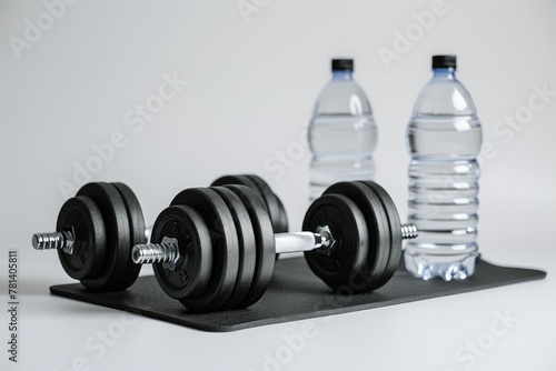 Dumbbells, a yoga mat, and a water bottle for a fitness theme . photo on white isolated background