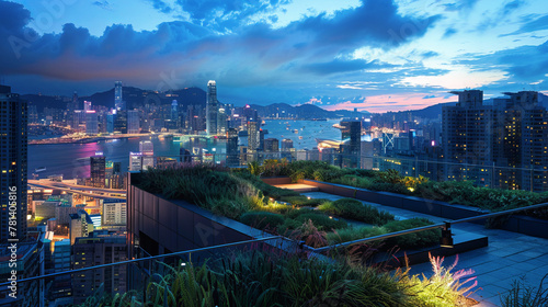 Breathtaking Urban Oasis: Rooftop Garden Overlooking Dazzling Cityscape at Twilight