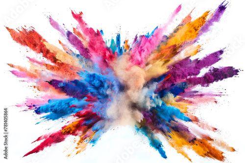 A burst of colorful powder exploding outward in a grand celebration, against a white background. photo