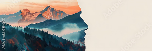 Double exposure combines a man's face, high mountains and forest. Panoramic view. The concept of the unity of nature and man. Dream, reminisce or plan a climb. Memory of a mountaineer. Illustration. #781406010