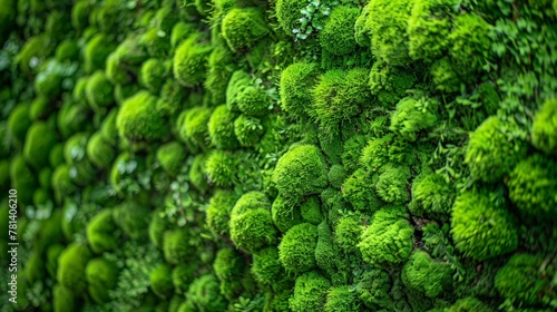 Close-up surface of the wall covered with green moss. Modern eco friendly decor made of colored stabilized moss. photo