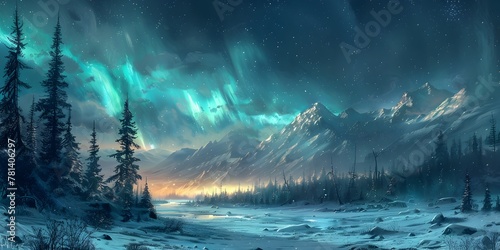 Mesmerizing Turquoise Skies and Snow Capped Peaks under the Aurora Borealis in a Serene Winter Landscape photo