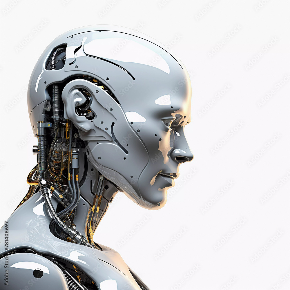 Side view of human robot head isolated on white background, emotional and creative robot Side view of human robot head isolated on white background, emotional and creative robot
