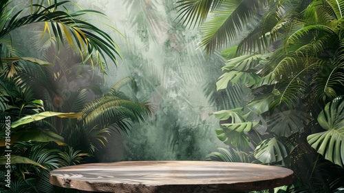 Jungle table background. Interior table for a cosmetic item against the backdrop of tropical plants  palms and jungle.