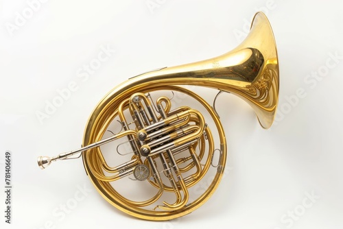 French horn  A coiled brass instrument played with valves and a wide bell  producing warm  rich tones . photo on white isolated background