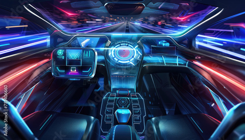 A futuristic car with a dashboard that has a large screen and a small screen by AI generated image