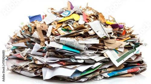 Large pile of waste paper isolated on white. Ready for recycling photo