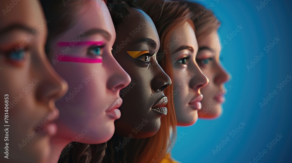 Diverse Female Faces Side Profile with Artistic Makeup Diverse Female Faces Side Profile with Artistic Makeup