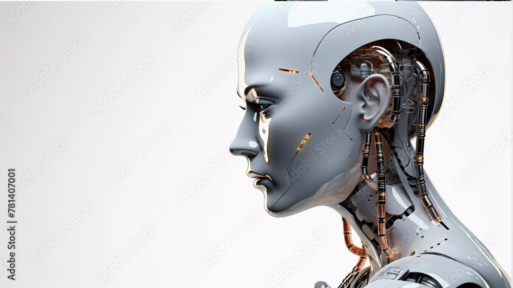 Closeup of human robot face isolated on white background, ai Closeup of human robot face isolated on white background, ai