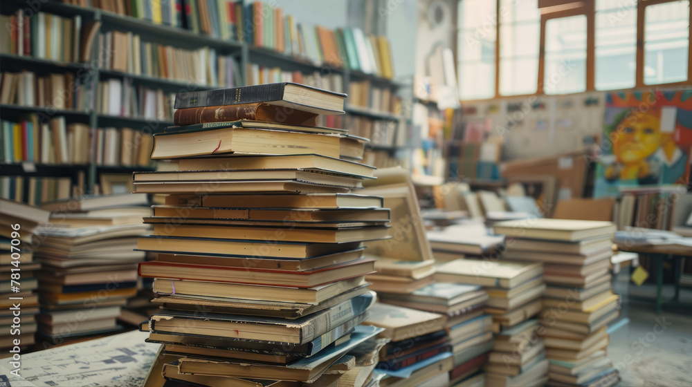 Shelves with a lot of retro books. Books are scattered in a chaotic order Shelves with a lot of retro books. Books are scattered in a chaotic order