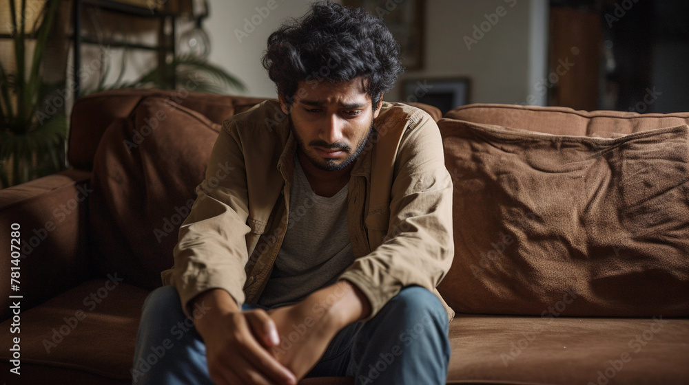 Fototapeta premium Hopeless man alone sitting on the sofa, helpless man alone in the home 