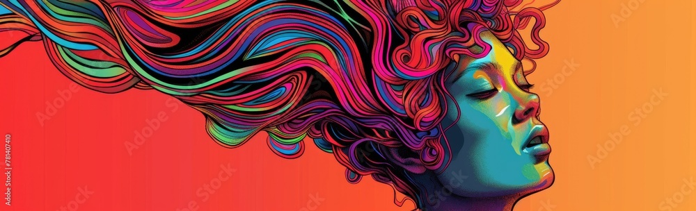 Vibrant Digital Art of Woman with Flowing Colorful Hair