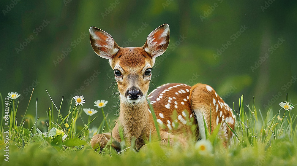 Young spotted fawn in a field of daisies, looking at the camera with alertness.