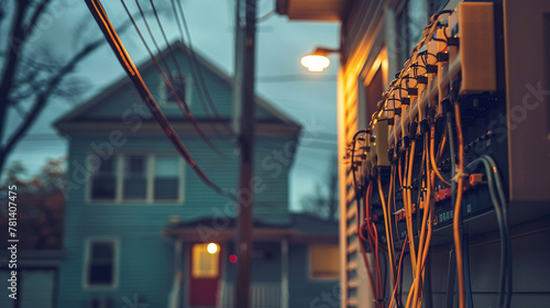 Electrical power lines and cables against the backdrop of a residential area at dusk. photo