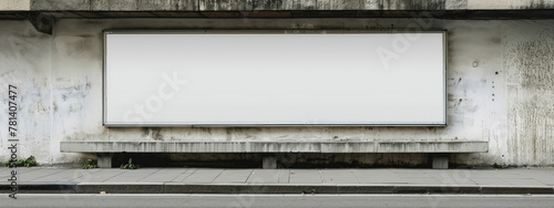 A white billboard sits on a concrete wall with a bench underneath it by AI generated image