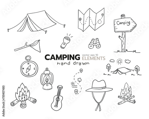 Camping hand drawn elements outline icon vector design style set of tent, map, bonfire, torch, oil lamp, hat, compass, guitar.