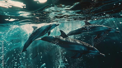 Majestic Pod of Dolphins Swimming Underwater