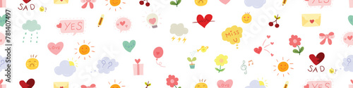 Hand drawn doodles seamless pattern vector design elements set of bow, bell, gift box, heart, balloon, flower, love emoticon. Love concept illustration.