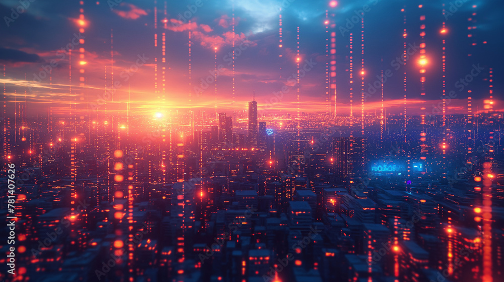 Smart city and digital transformation. Cityscape, telecommunication and communication network concept. Big data connection technology. De-focused background.