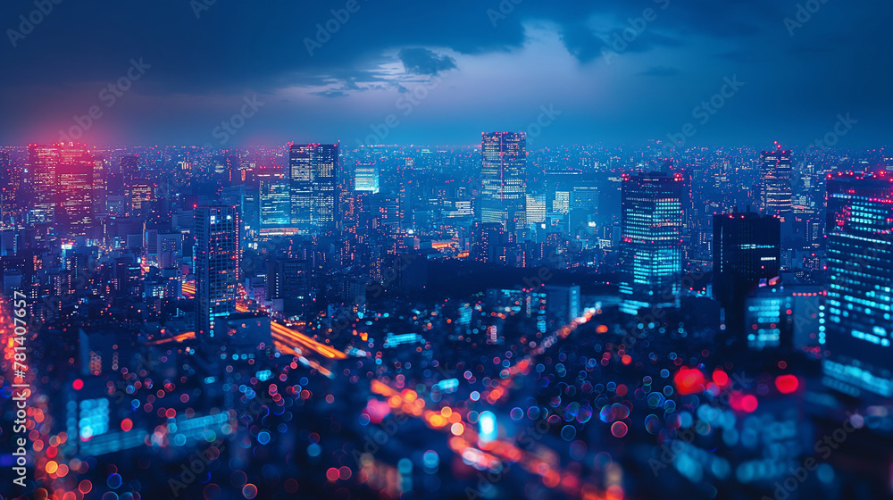 Fototapeta premium Smart city and digital transformation. Cityscape, telecommunication and communication network concept. Big data connection technology. De-focused background.