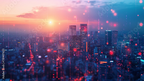 Smart city and digital transformation. Cityscape  telecommunication and communication network concept. Big data connection technology. De-focused background.