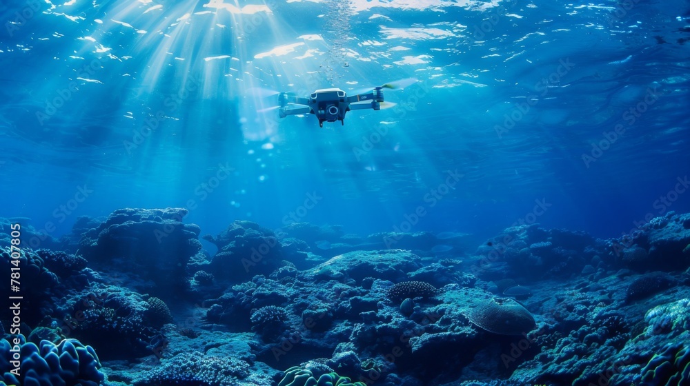 Fototapeta premium Underwater ROV Exploring Coral Reefs During Daytime