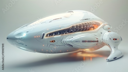 Futuristic airship with sleek white design and glowing elements
