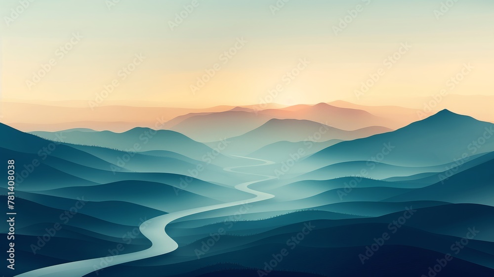 Abstract landscape with a winding river through rolling hills at sunset