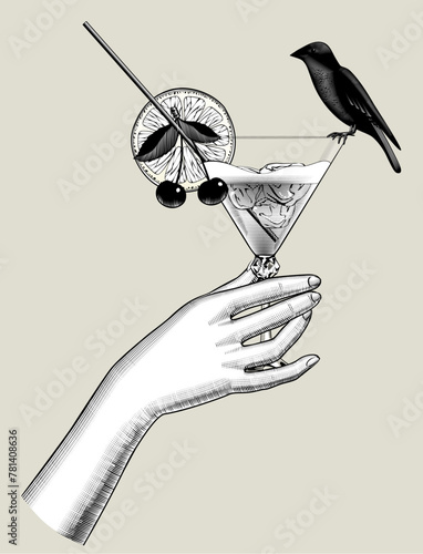 A woman's hand holds a cocktail in a glass with a slice of lemon, cherries and a sitting bird. Vintage engraving stylized drawing. Vector illustration
