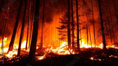 Forest Fire at Night Showing Intense Flames and Trees