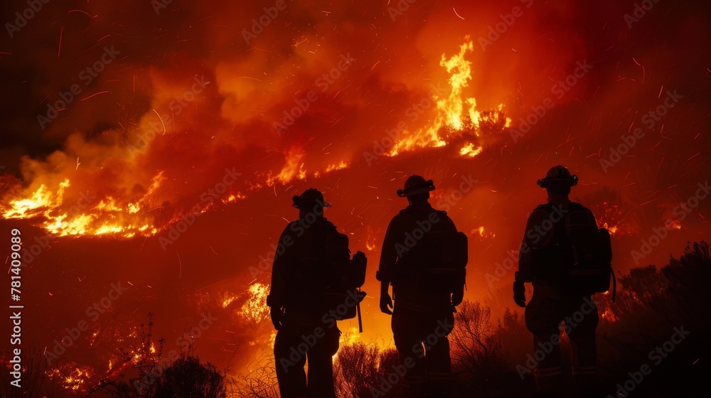 Fototapeta premium Firefighters Confronting Wildfire at Night
