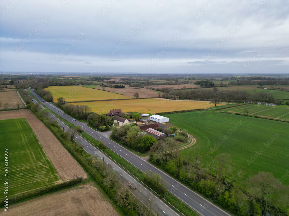 Aerial View of Most Beautiful Countryside Landscape of Village Near Rugby City of England UK. 