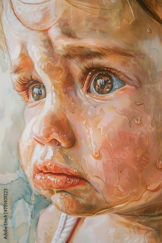 A portrait of a baby with tears streaming down. The eyes are red and the nose is runny. The baby is sad and uncomfortable. © Lakkhana