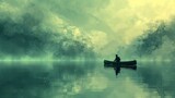 Surreal illustration of a man paddling on a canoe, surrounded by the tranquil expanse of the sea, reflecting on the theme of solitude and inner contemplation.