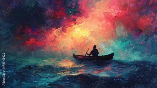 Abstract artwork portraying a man adrift on a canoe in the open sea, evoking feelings of isolation and introspective contemplation.