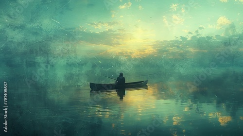 Surreal illustration of a man paddling on a canoe, surrounded by the tranquil expanse of the sea, reflecting on the theme of solitude and inner contemplation. photo