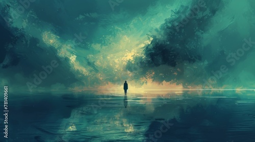 Surreal illustration of a lone figure navigating the vast expanse of the sea, capturing the essence of solitude and introspection.